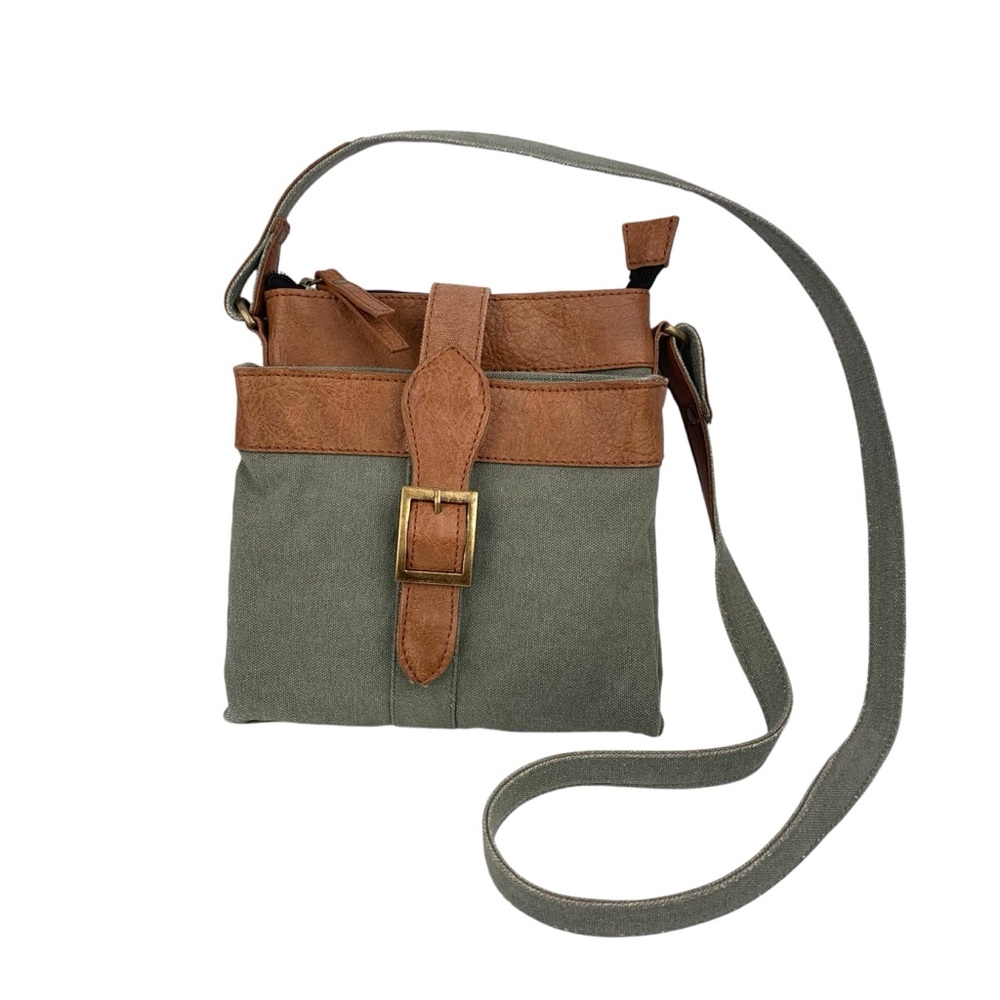 Mona B Green Canvas & Vegan Leather Upcycled Crossbody Purse Bag Organizer